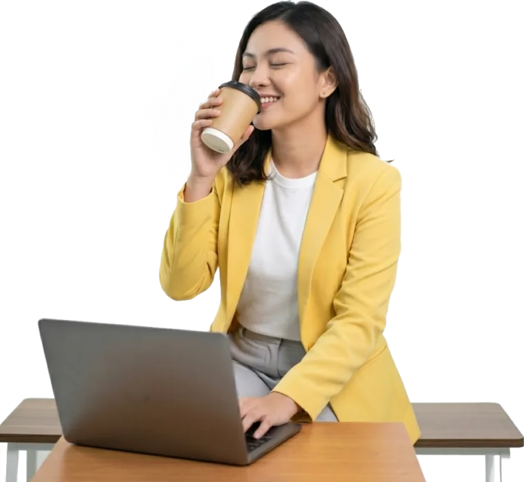 A relaxed marketer sipping coffee while LEMON runs her campaigns